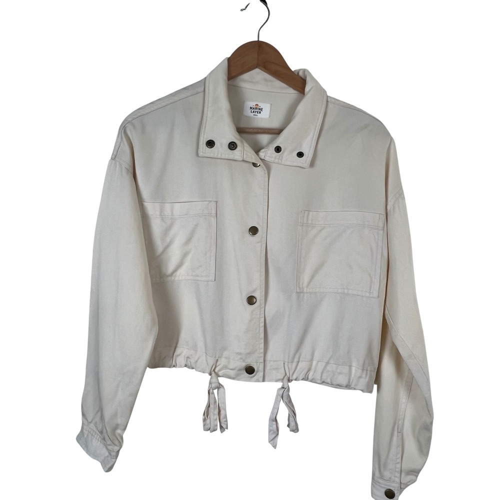 Marine Layer Cream Tencel Cropped‎ Utility Jacket Small Off White Snap Front Tie